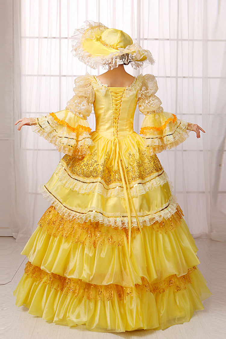 Yellow Hime Sleeves High Waisted Lace Stitching Gem Button Multi-Layer Victorian Lolita Prom Dress