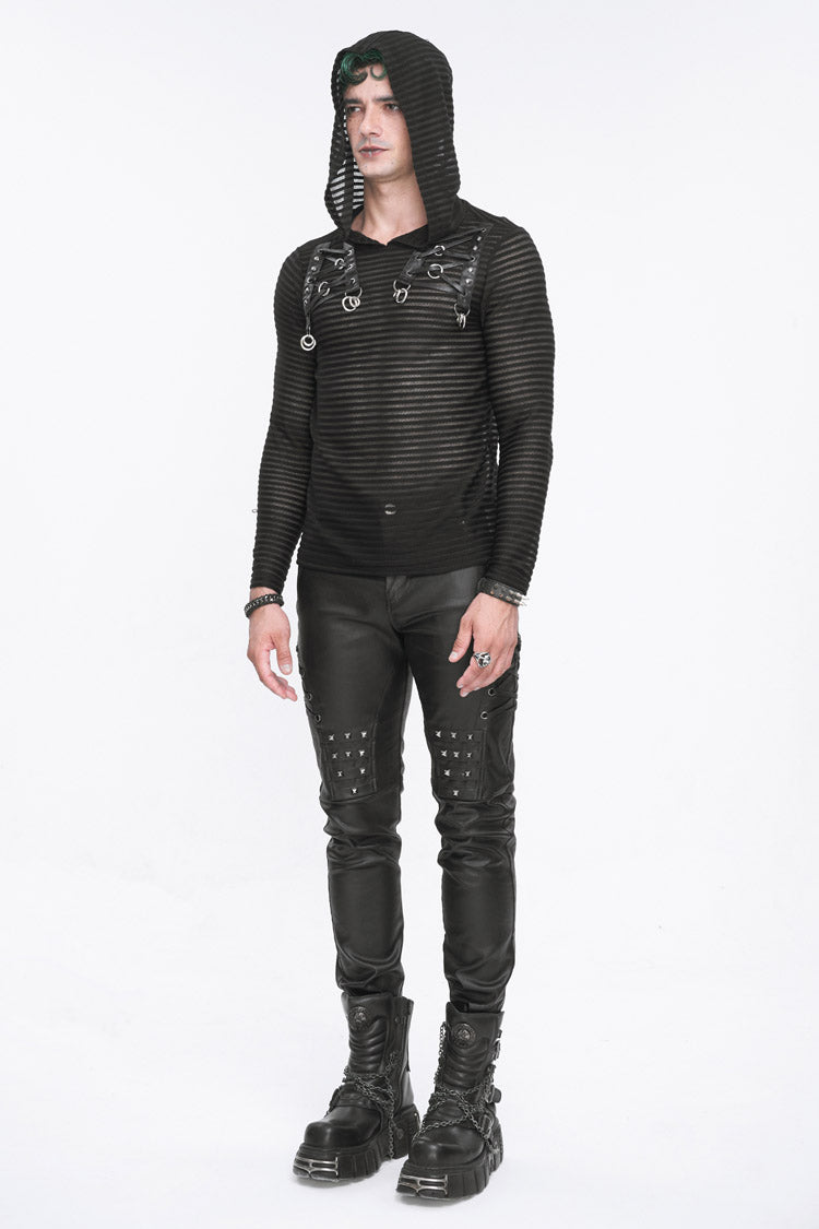 Black Striped Sheer Long Sleeve Men's Punk Sweatshirt Hooded