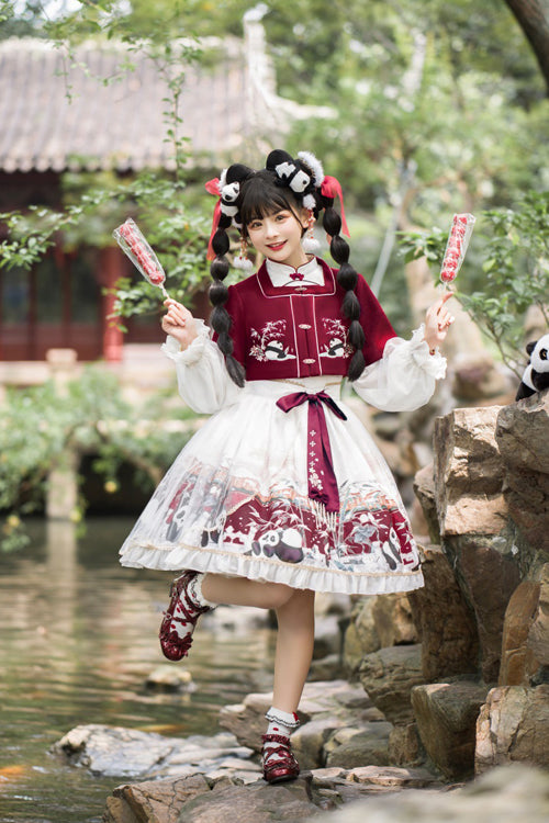 Red/White Chinese Style Lantern Sleeves Panda Print Sweet Lolita OP Dress