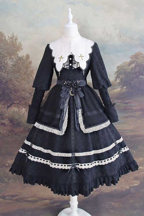 Black Cross Dark Church Elegant Lace Long Sleeves Ruffled Classic Lolita OP Dress