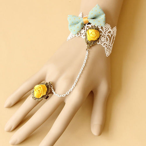 White Princess Bow Yellow Rose Lace Female Sweet Lolita Ring Bracelet