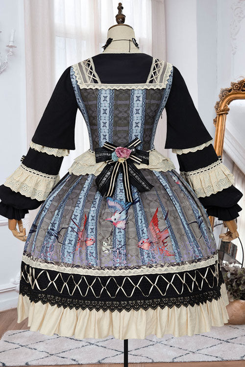 Multi-Color Finches In The Mirror Print Cardigan Long Sleeves Princess Ruffled Classic Lolita OP Dress
