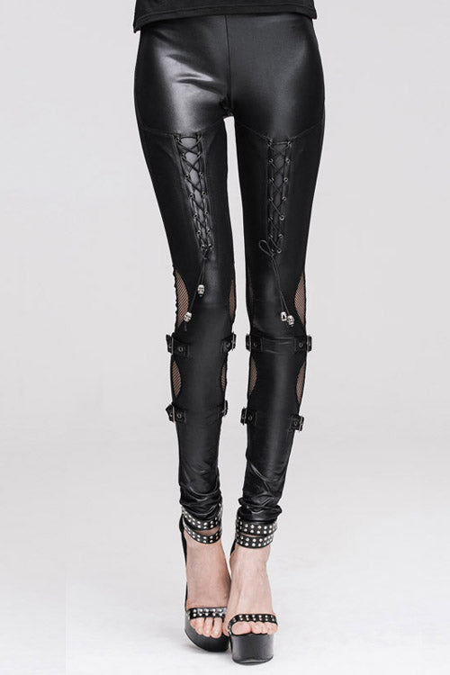 Black Punk Hollow Out Leather Loops Lace Up Leggings Womens Pants