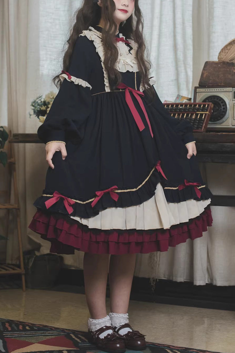 Blue Long Sleeves Ruffle Bowknot Daily Sweet Princess Lolita Dress