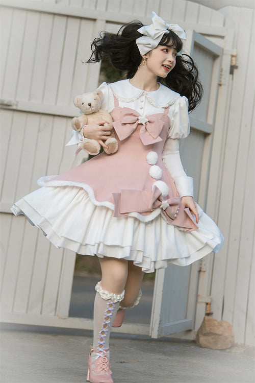 Cute Girl Doll Collar Hair Ball Christmas Princess Sweet Lolita JSK Dress Full Set