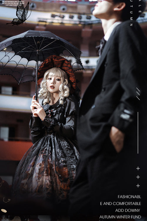 Black Lace Ruffled Organza Material Witch High Waisted Gothic Lolita JSK Dress