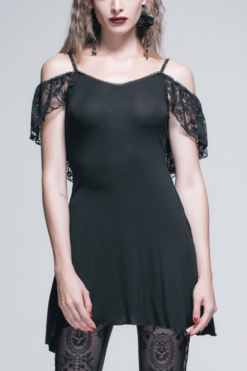 Schwarzes, sexy Gothic-T-Shirt mit Rosen-Spitzenquaste auf der Rückseite über der Hüfte für Damen