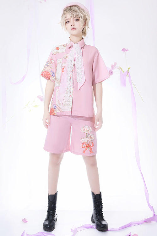 Pink Romance Print Lapel Collar loose Ouji Lolita Short Sleeves