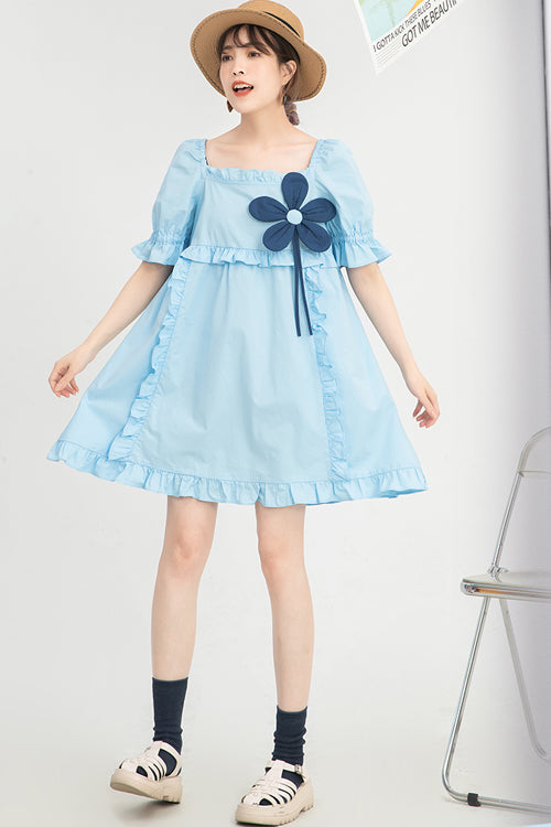 Blue Ruffled Square Collar Flower Accessory Short Sleeves Sweet Lolita Dress