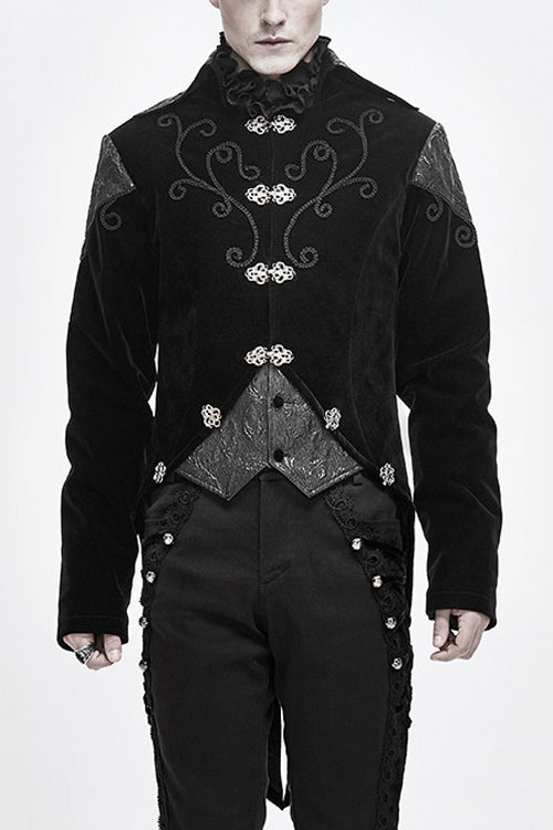 Black Vintage Fake Two Pieces Embroidered Velvet Gothic Mens Coat