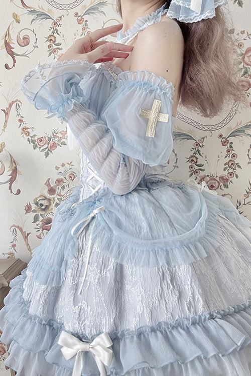 Blue Tube Top Sleeveless Blowknot Ruffled Sweet Lolita Tiered Dress