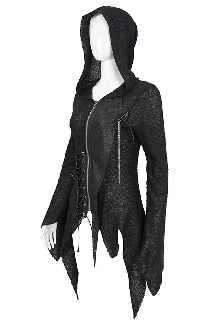 Black Vintage Hooded With Leather Details Women's Punk Jackets