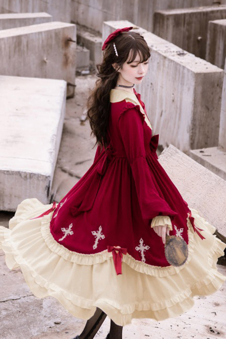 Retro Doll Collar Chest Bow Cross Embroidery Print Dark Girl Gothic Lolita OP Dress