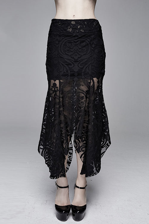Black Irregular Hem Court Flocking Printed Mesh Sexy Package Hip Fishtail Gothic Skirt