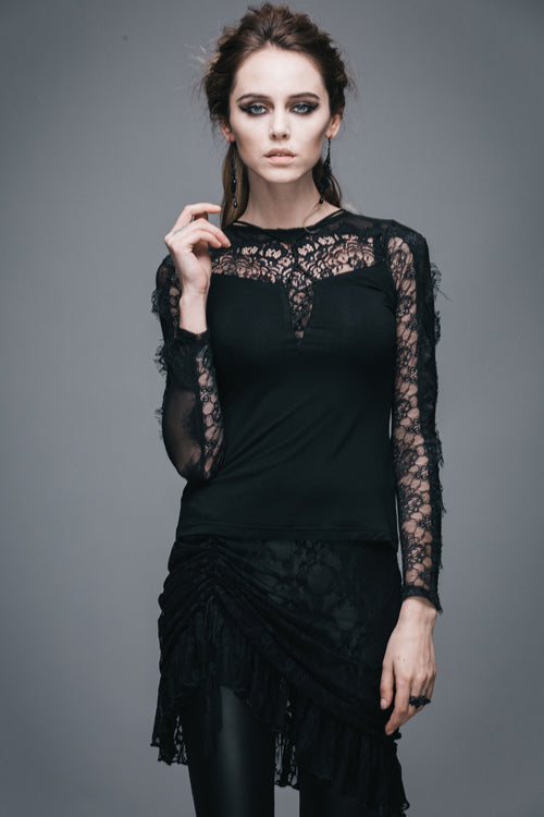 Black Sexy Lace Pattern Long Sleeves Gothic Womens T-Shirt