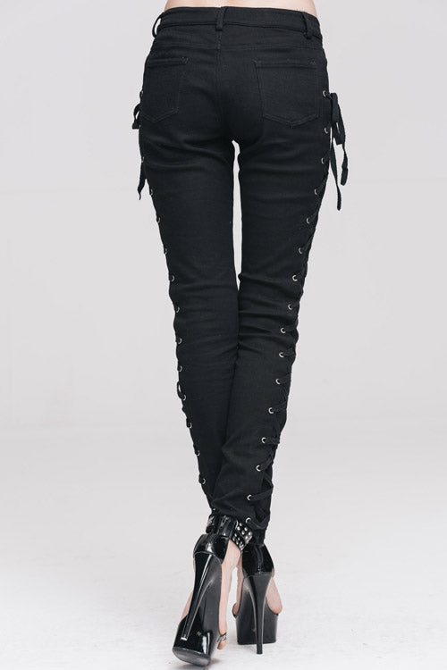Black Lace Up Punk Classic Stretchy Womens Pants