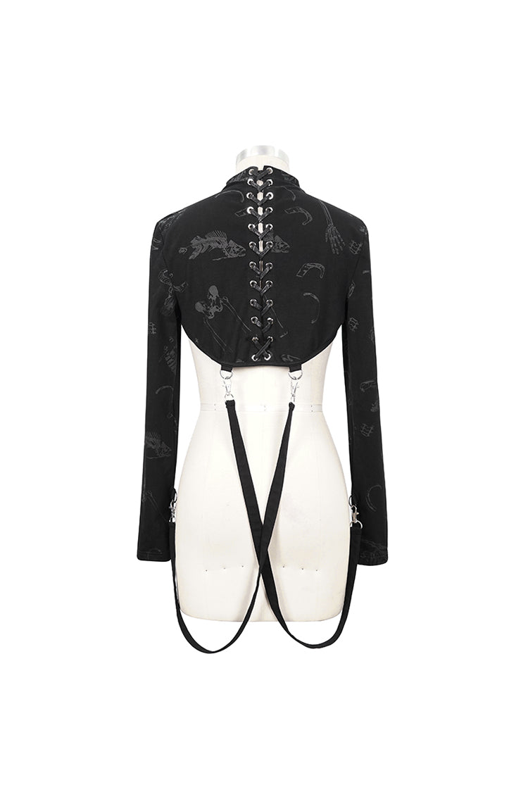 Black Bone Printed Strappy Zipper Women's Gothic Cape