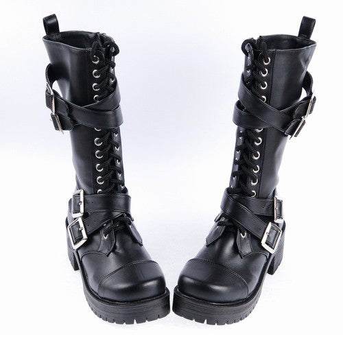 Black Stylish Patent Leather Straps Buckles Gothic Lolita Boots