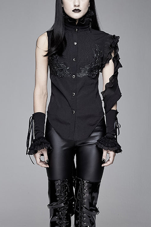 Schwarze Chiffon-Schwalbenschwanz-Bluse mit Rüschen und Spitzenärmeln für Damen im Gothic-Stil