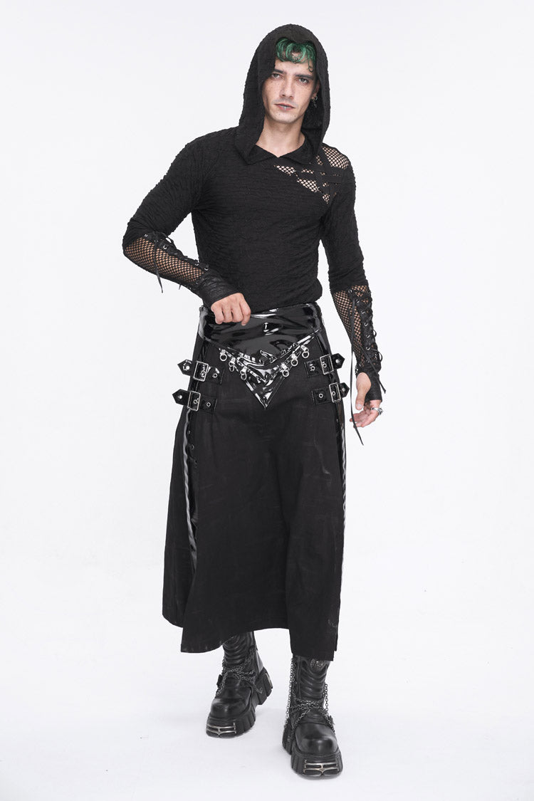 Black Lace Up Mesh Splice Long Sleeve Men's Punk Hoodies