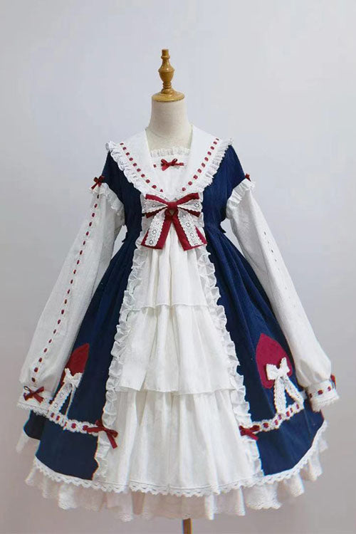 Blue/White Round Collar Bowknot Long Sleeves Multi-Layer Ruffled Sweet Lolita OP Dress