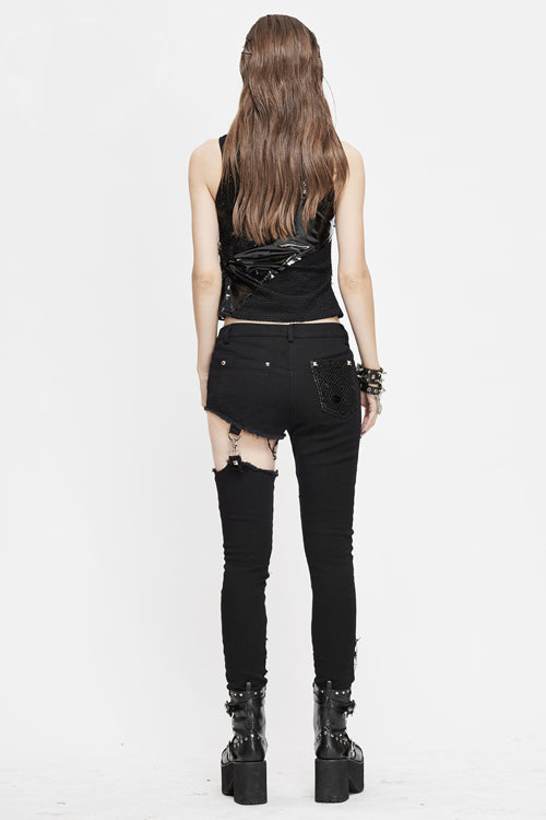 Black Punk Asymmetrical Spliced Broken Hole With Chains Womens Pants