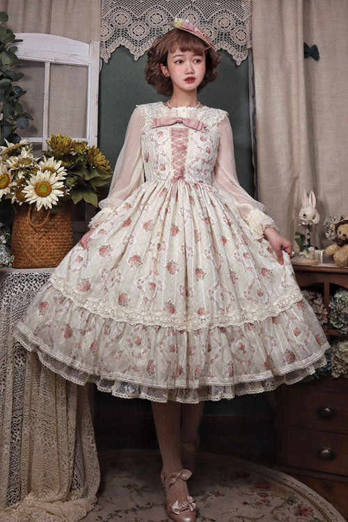 Pink Elegant Vintage Rose Print Multi-Layer Ruffled Sweet Lolita JSK Dress