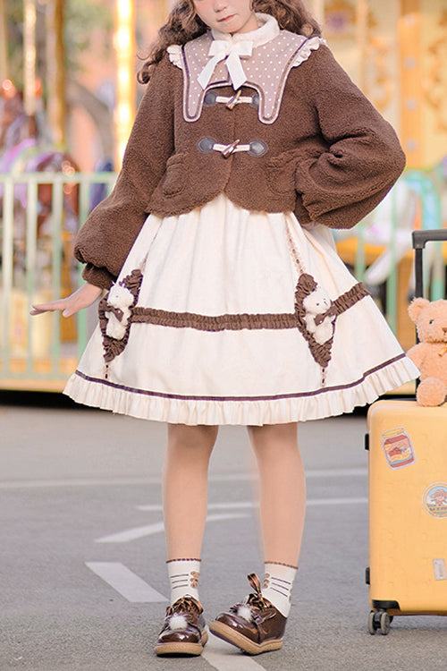 Beige Round Collar Lantern Sleeves Cute Bear Sweet Lolita OP Dress