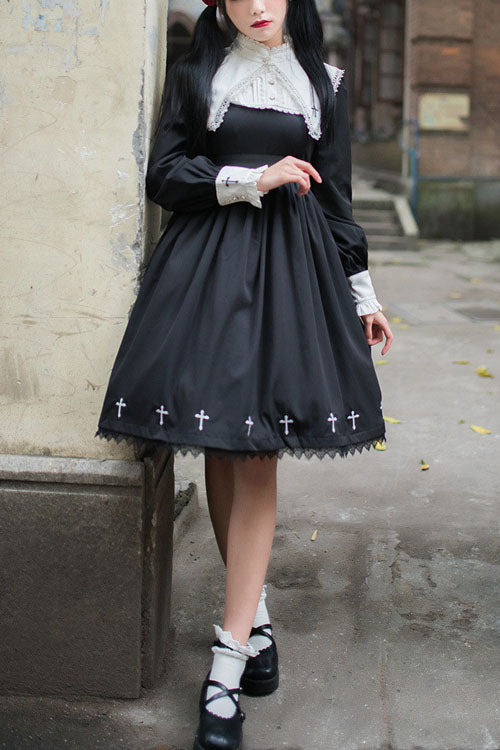 Black Dark Style Punk Cross High Waist Gothic Lolita OP Dress