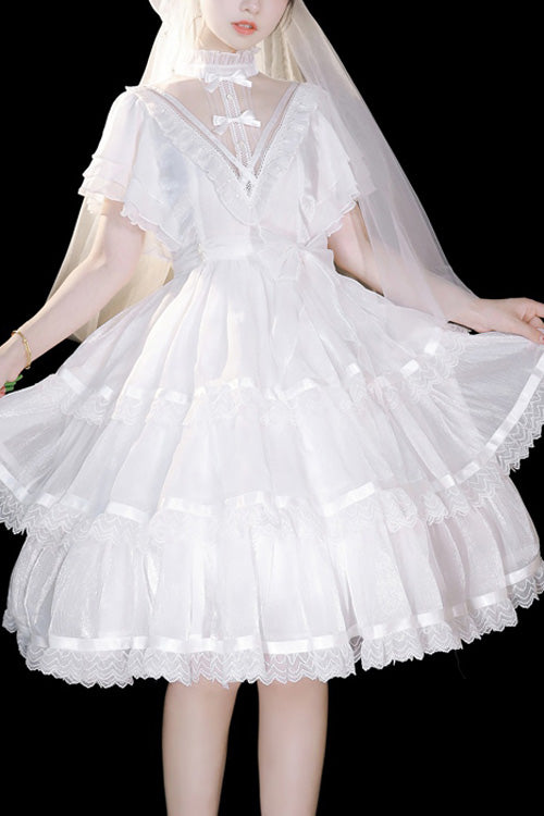 White Castle Night High Waisted Ruffled Hanayome Gothic Lolita Tiered Dress