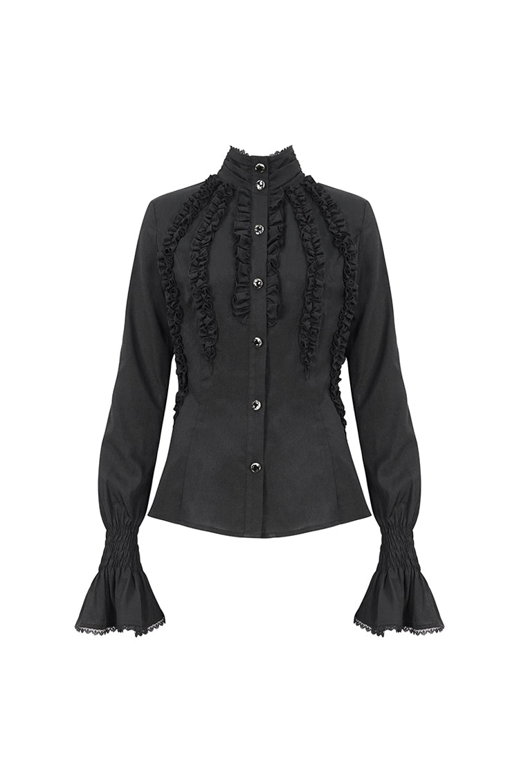 Schwarzes Gothic-Hemd mit Stehkragen und Rüschen und langen Ärmeln für Damen