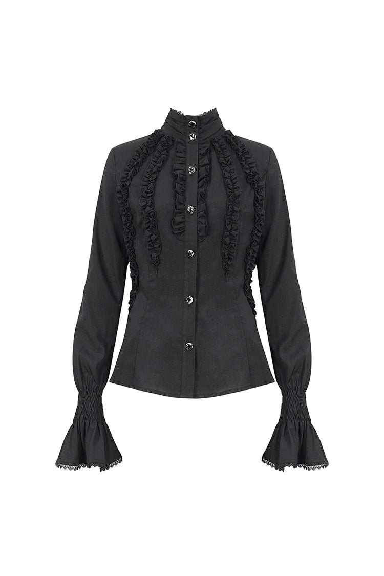 Black Stand Collar Ruffled Long Sleeves Women's Gothic Shirt