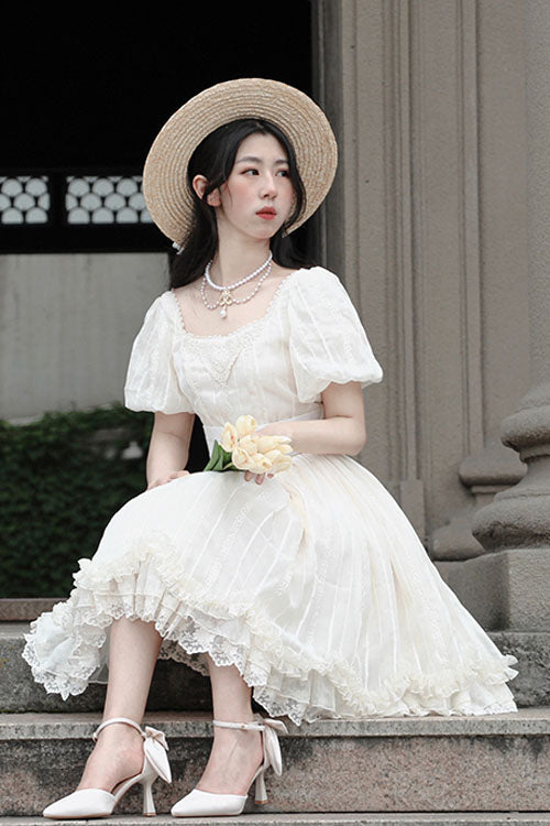 Elegant Vintage Tulip Square Collar Lantern Sleeves Multi-Layer Ruffled Classic Lolita OP Dress Short Version