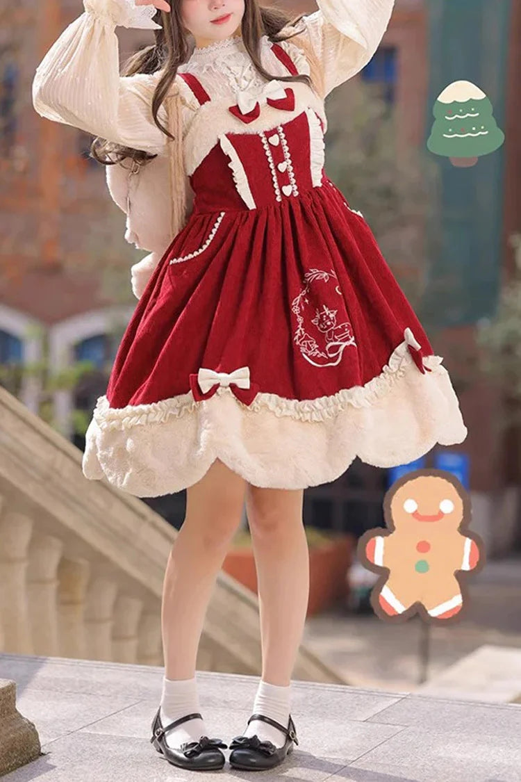 Deer Print Embroidery Bowknot Princess Autumn Winter Sweet Lolita JSK Dress 2 Colors