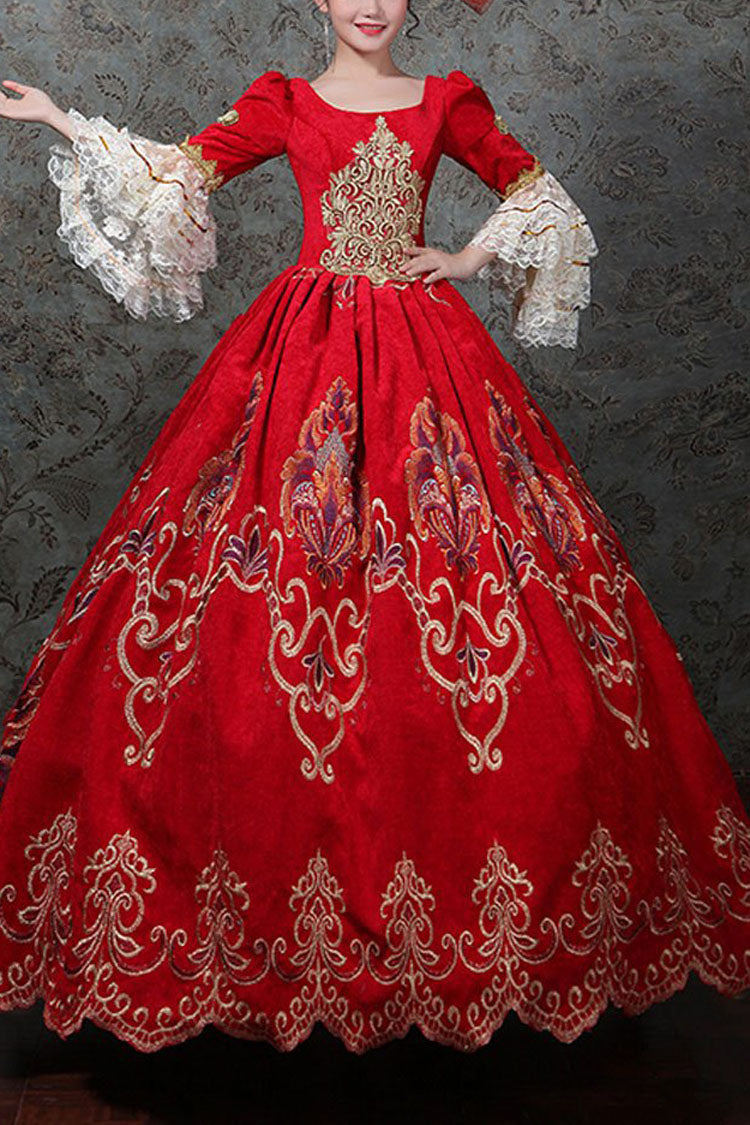 レッド多層トランペットスリーブ半袖ハイウエスト刺繍プリントビクトリア朝のロリータウエディングドレス