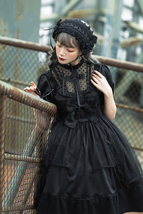 Black Elegant Round Collar Bowknot Short Sleeves High Waisted Gothic Lolita OP Dress