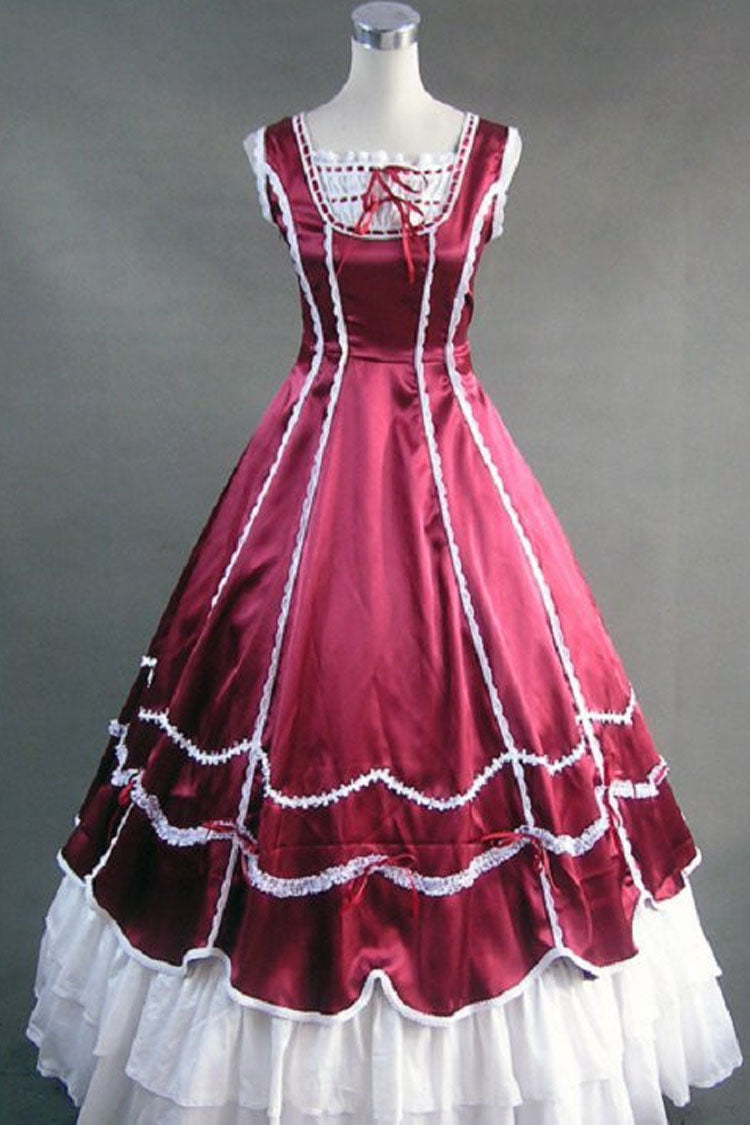Wine Red Cotton Square Collar Sleeveless Floor Length Multi-Layer Pleats Victorian Gothic Lolita Dress