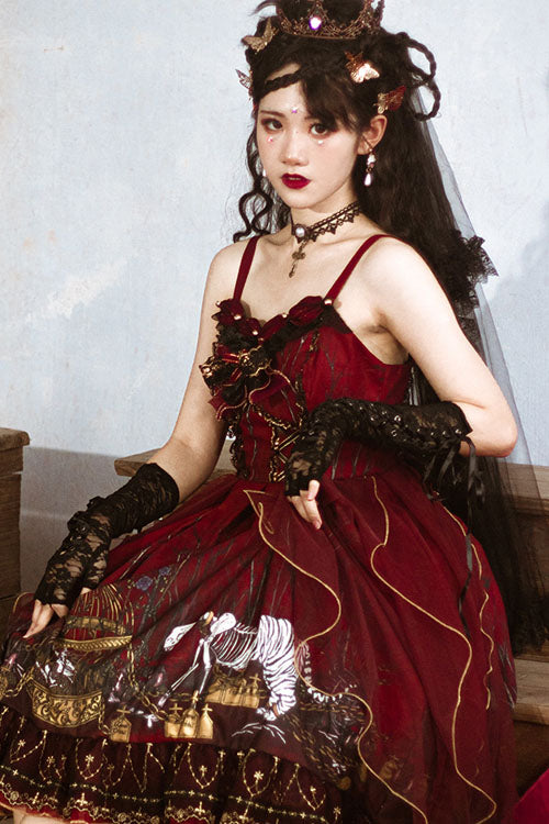 Red Decaying Forest Round Collar Bowknot Ruffled Classic Lolita JSK Dress