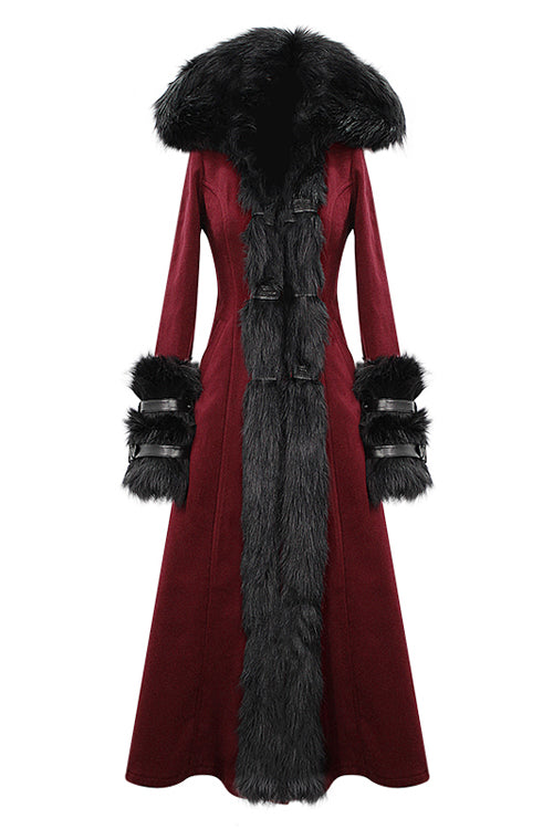 Red Gothic Party Woolen Hooded Sexy Women Long Coat