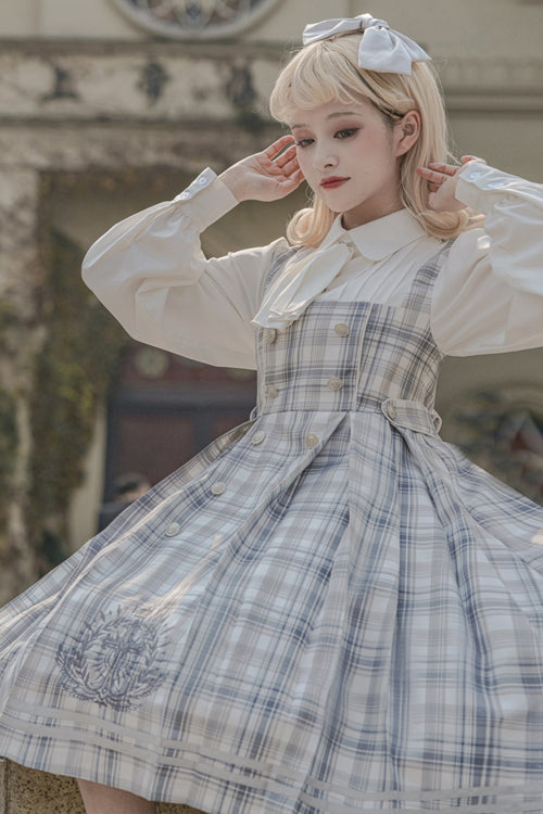 Detective Girl Lapel Collar Double Breasted Embroidery Fake Two Pieces Plaid Sweet Lolita OP Dress