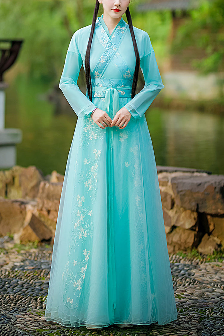Green Fairy Airy Spring Flower Embroidery Sweet Hanfu Dress