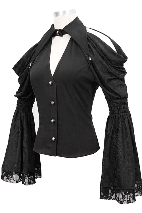 Schwarze schulterfreie Trompetenärmel Sexy Gothic-Bluse für Damen