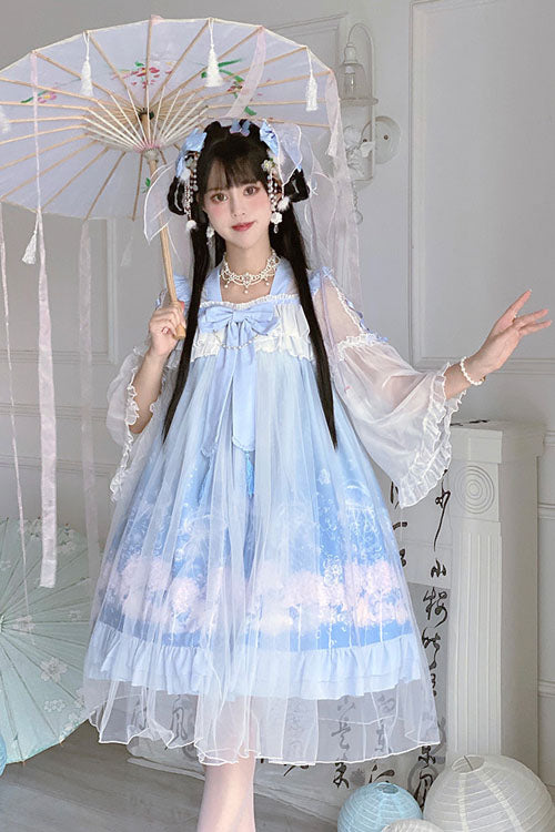 Blue Marine Jellyfish Print Bowknot Long Sleeves Ruffled Chinese Style Sweet Lolita Dress