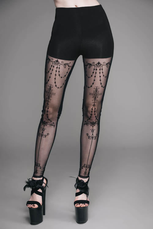 Black Elastic Waistband Flocking Printed Transparent Stretchy Mesh Sexy Leggings Womens Pants