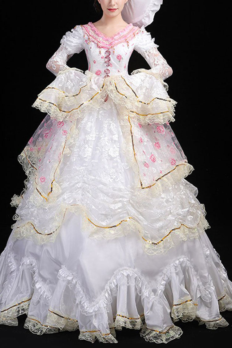 ホワイト姫袖ハイウエスト レース ステッチ フラワー プリント ビクトリア朝のロリータ プロム ティアード ドレス