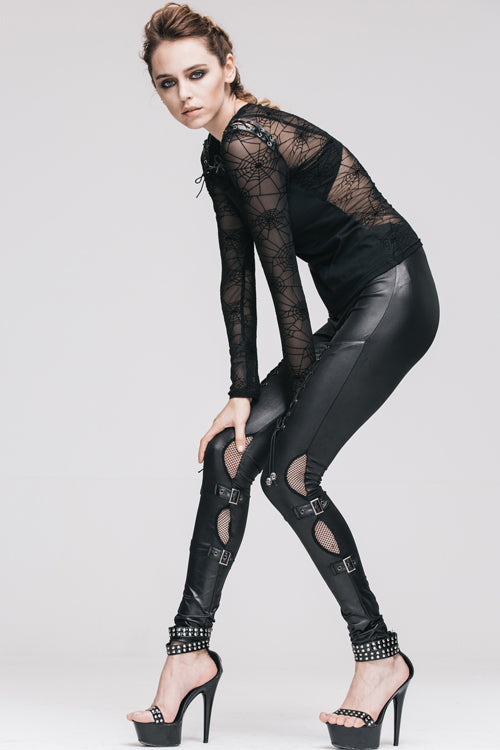 Black Punk Hollow Out Leather Loops Lace Up Leggings Womens Pants
