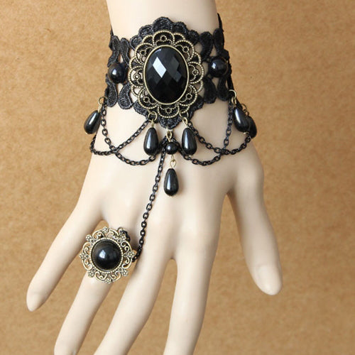 Black Retro Fashion Female Lace Gothic Lolita Ring Bracelet