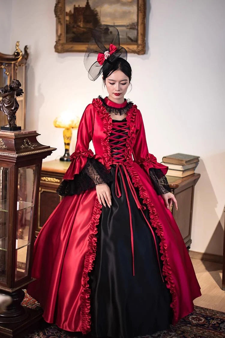 Wine Red Print Medieval Court Rococo Gothic Victorian Lolita Long Dress