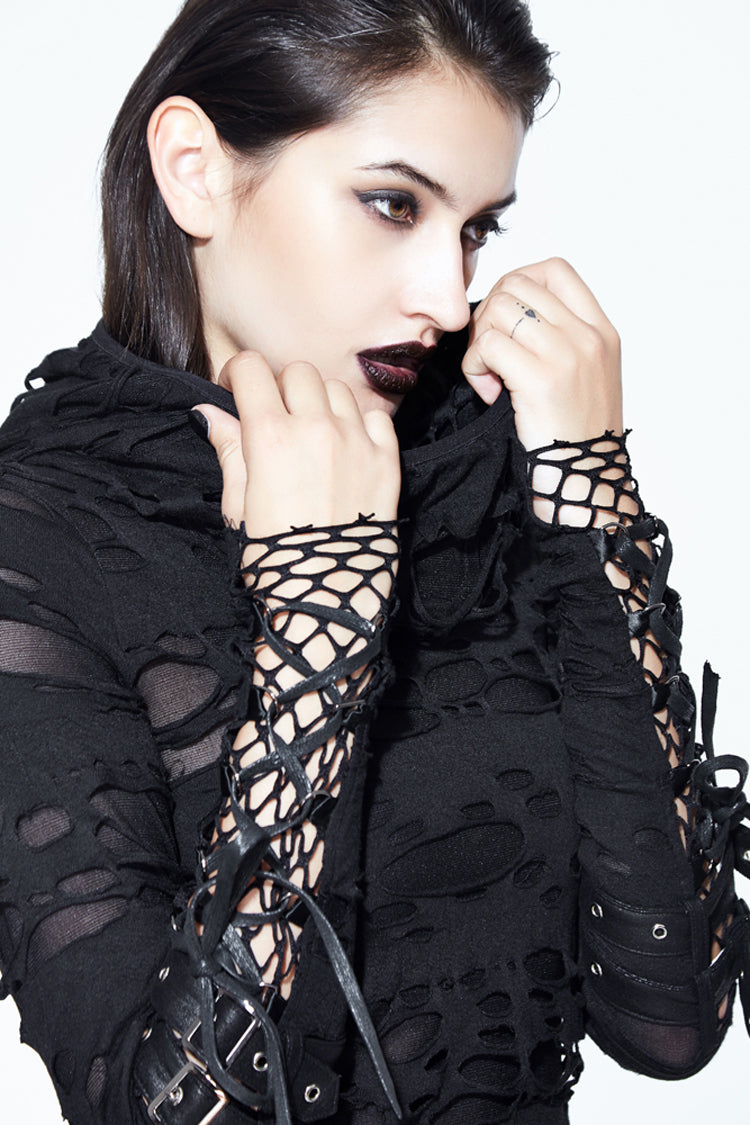 Black Hooded Ripped Finger Covered Splice Mesh Leather Loop Lace Up Women's Punk Shirt