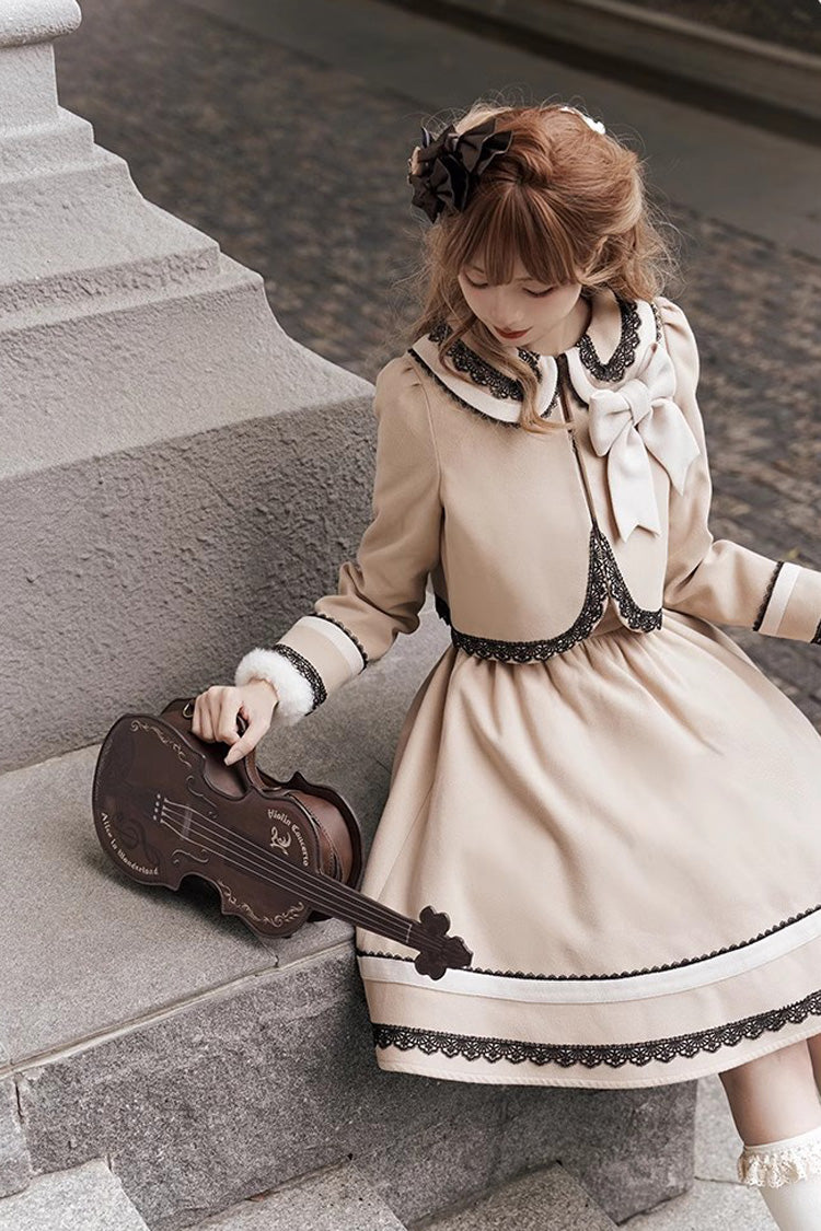 Light Tan Doll Collar Bowknot Autumn Winter Sweet College Style Lolita Dress Two Piece Set